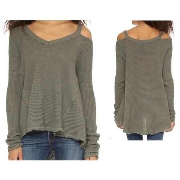 Free People Moonshine Cold Shoulder Thermal Waffle Knit Sweater Women’s L Green - Picture 1 of 8